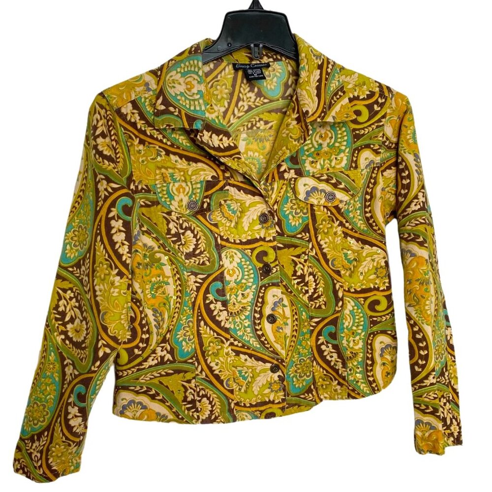 Gaudy Couture Womens Yellow Paisley Jacket with Green Sequins Size M Boho Fairy